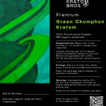 Premium Green Chumphon Kratom powder label by Kratom Bros, featuring Mitragyna speciosa sourced from Kapuas Hulu, Indonesia