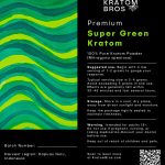 Super Green Kratom powder label by Kratom Bros featuring Mitragyna speciosa sourced from Kapuas Hulu, Indonesia