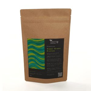 Super Green Kratom powder in brown resealable pouch by Kratom Bros