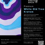 White Old Tree Kratom powder label by Kratom Bros featuring Mitragyna speciosa sourced from Kapuas Hulu, Indonesia
