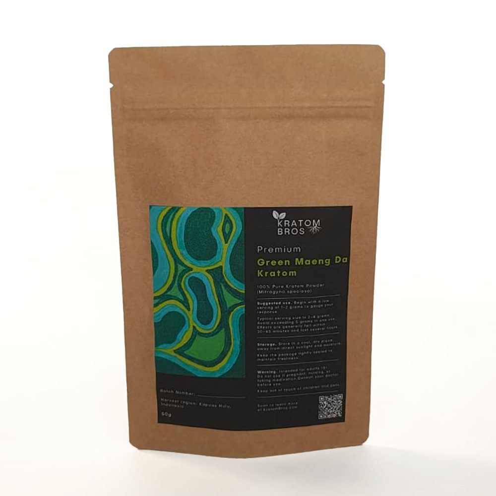 Green Maeng Da Kratom Powder – Kratom Bros Green Maeng Da Kratom Powder 50g by Kratom Bros in resealable kraft pouch