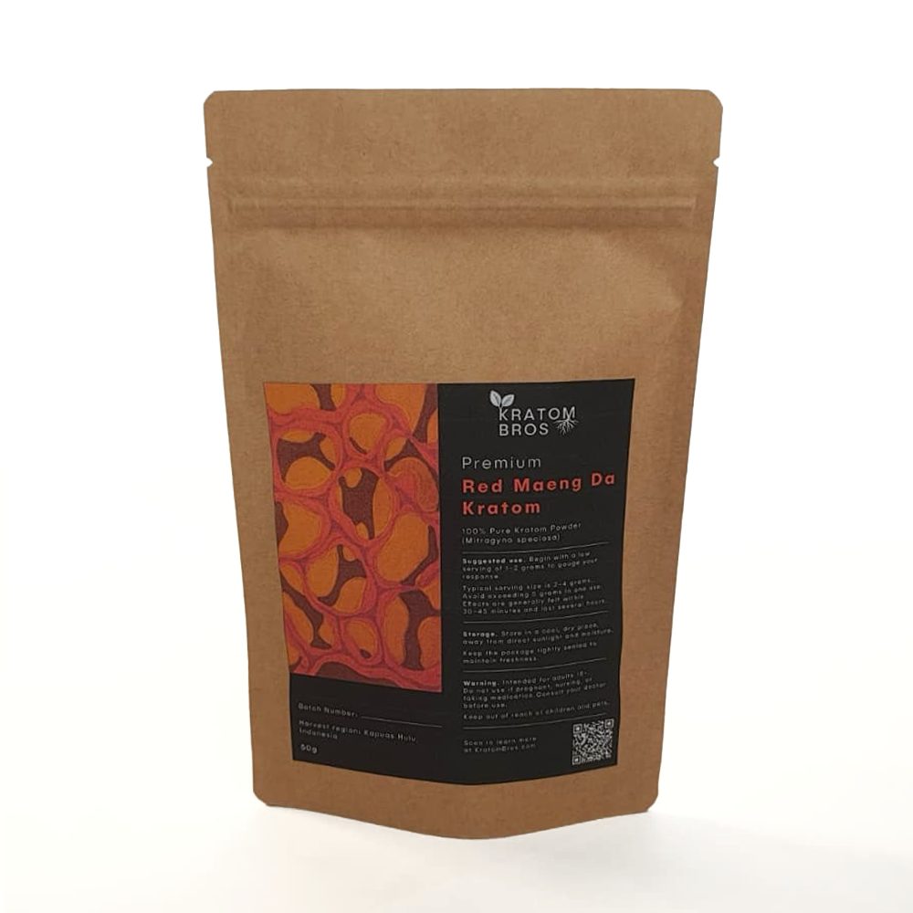 Red Maeng Da Kratom Powder – Premium Red Vein | Kratom Bros Red Maeng Da Kratom Powder by Kratom Bros in resealable kraft pouch, made from premium red vein Mitragyna speciosa leaves from Indonesia
