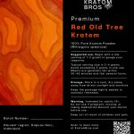 Red Old Tree Kratom label by Kratom Bros showing premium red vein Mitragyna speciosa powder sourced from mature kratom trees in Indonesia