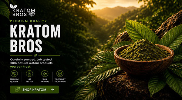 Kratom Bros premium kratom powder in a wooden bowl surrounded by green kratom leaves in a tropical jungle setting