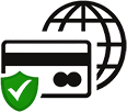 Secure payment icon with credit card, globe, and shield representing safe online checkout for Kratom Bros