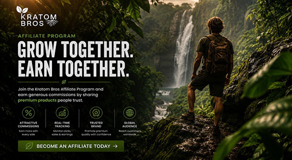 Kratom Bros Affiliate Program banner featuring jungle adventure scenery promoting affiliate commissions for premium kratom products