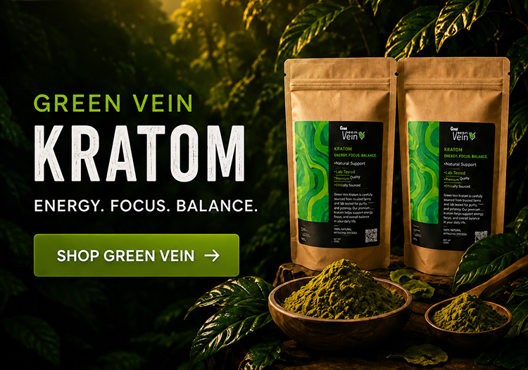 Green Vein Kratom products by Kratom Bros featuring premium green vein kratom powder for energy, focus, and balance