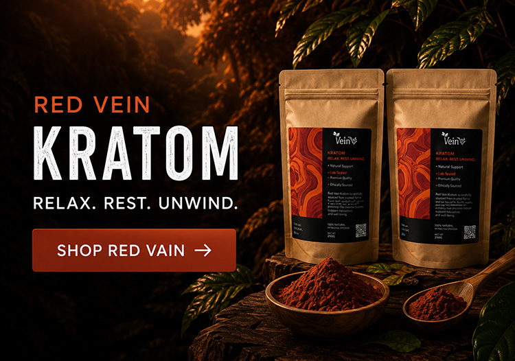 Red Vein Kratom products by Kratom Bros featuring premium red vein kratom powder for relaxation, rest, and unwinding