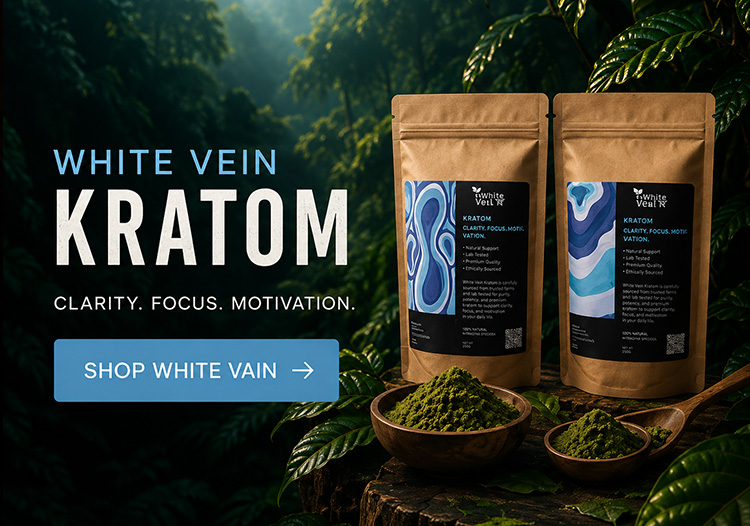 White Vein Kratom products by Kratom Bros featuring premium white vein kratom powder for clarity, focus, and motivation